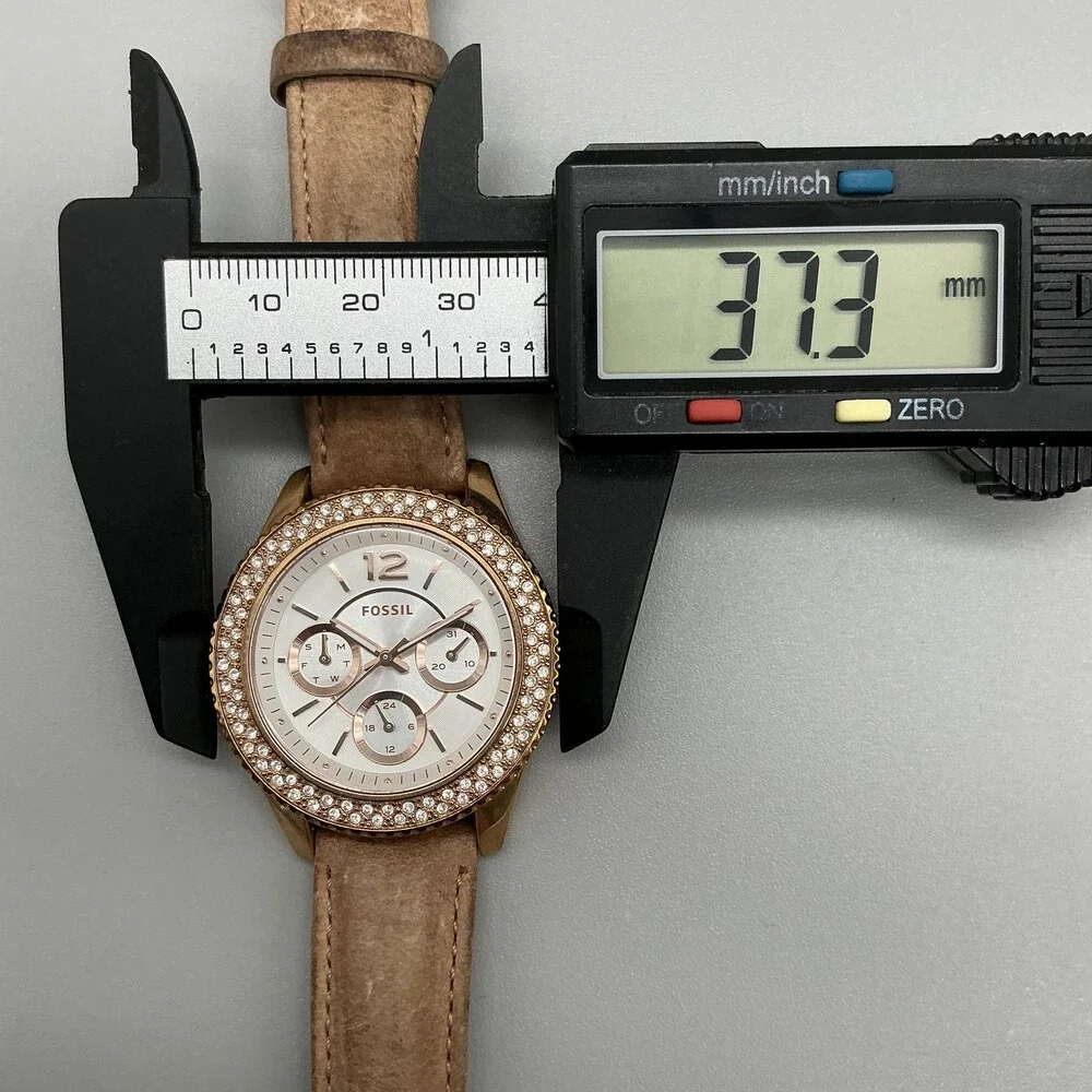 Fossil ES3816 Womens Watch 37mm Silver Tone Crystals Brown Leather New Battery